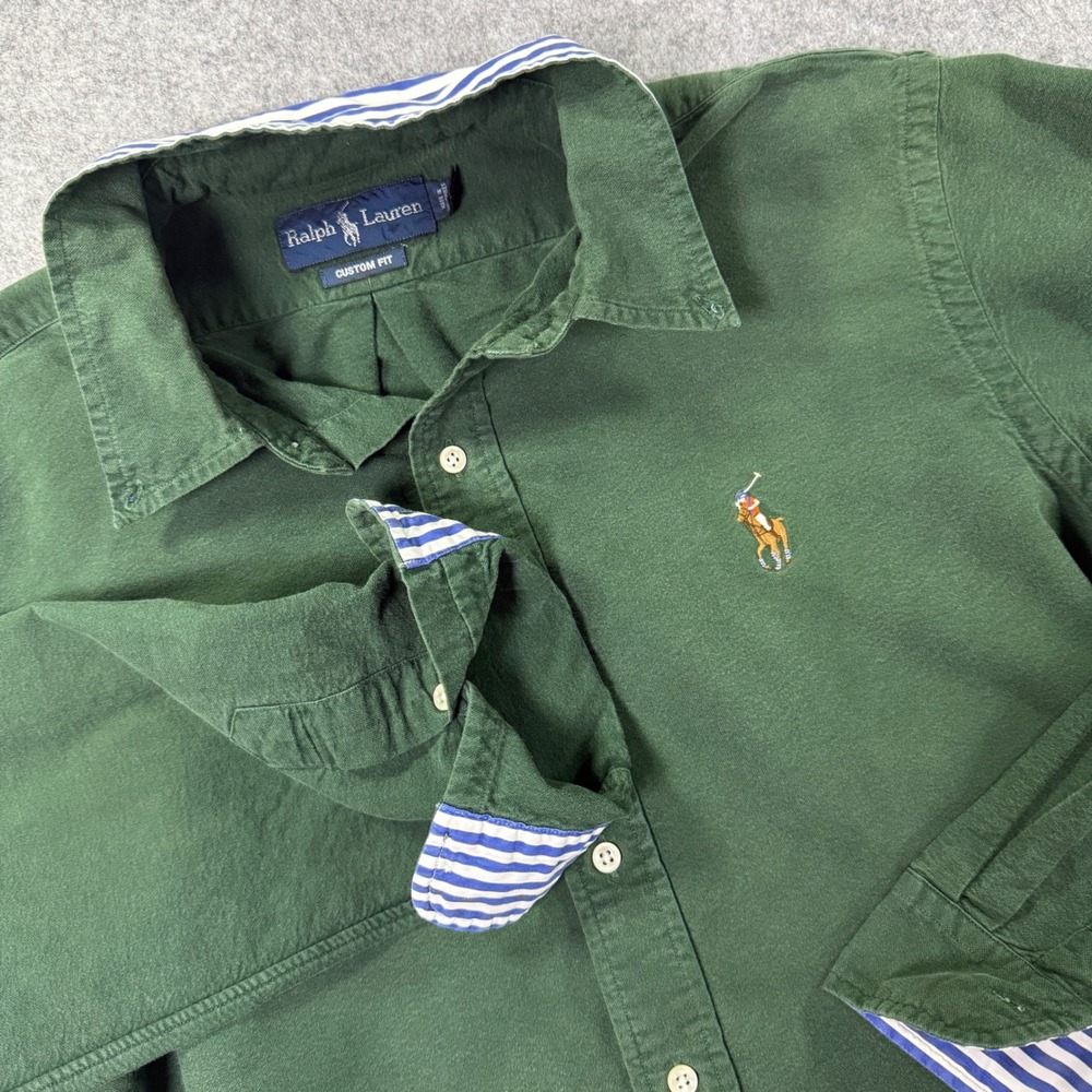 Vintage Polo Ralph Lauren Shirt Sz L Green Custom Fit Striped Trim XL Flesh Pony